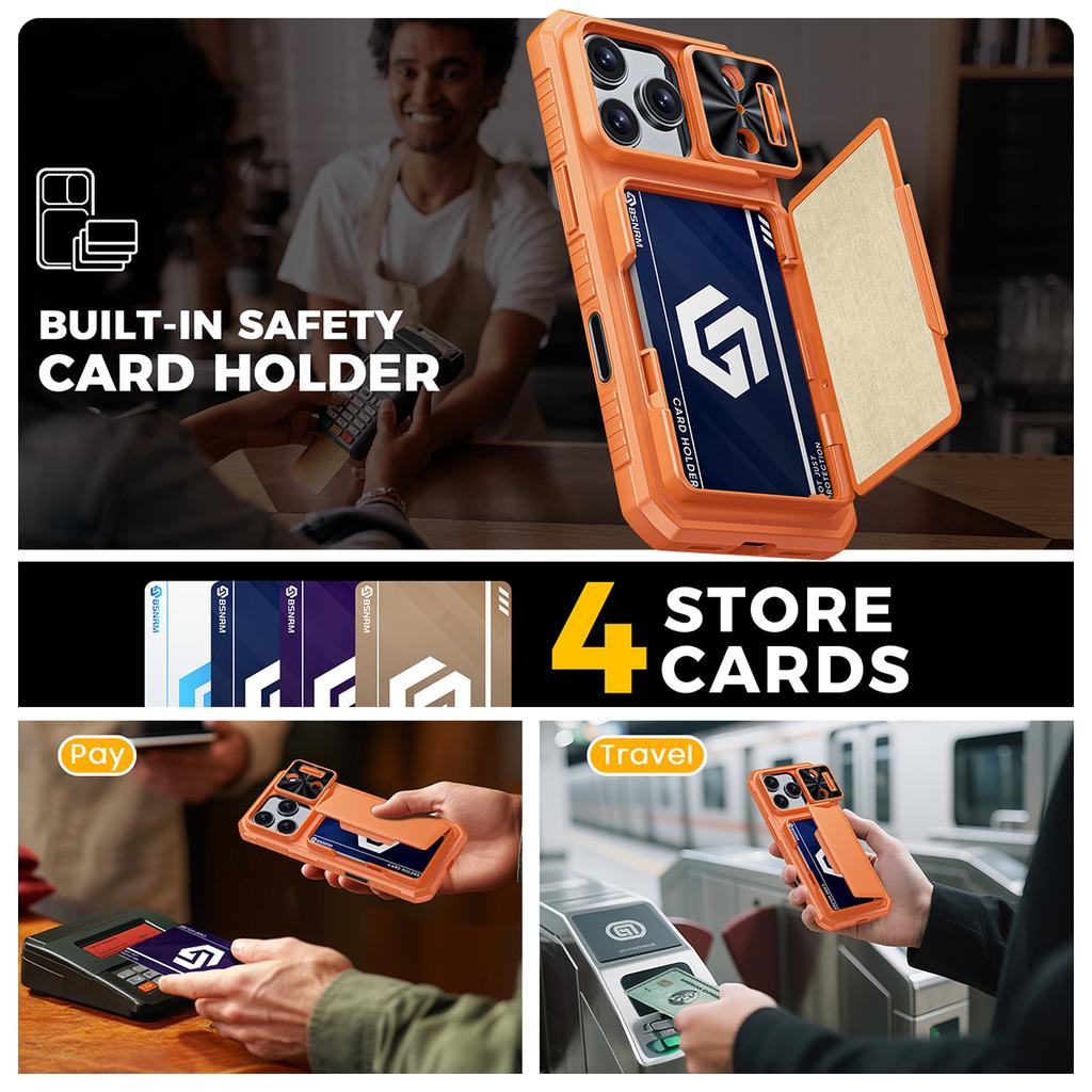 Shockproof Protective Wallet Case with Card Holder, Kickstand and Sliding Camera Cover for iPhone 17 Pro-Orange