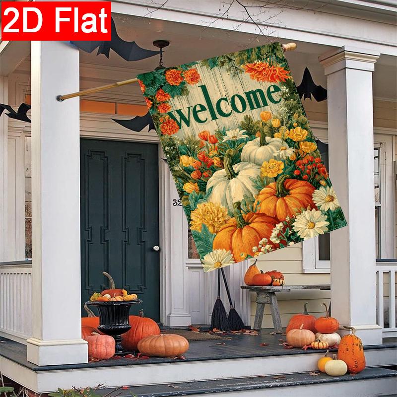 2D Flat - 2D Flat Welcome Autumn Pumpkin Harvest Thanksgiving Garden Flag_1-28X40 Inch Outdoor Garden Flag Double-Sided Home Decoration Courtyard Deco