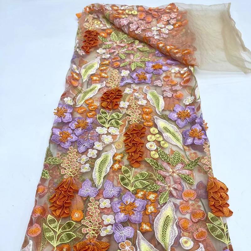 1 Yards 3D Floral Lace Embroidery Fabric Flower Embroidery Mesh Colorful Thread Fabric For Sewing Wedding Evening Dress