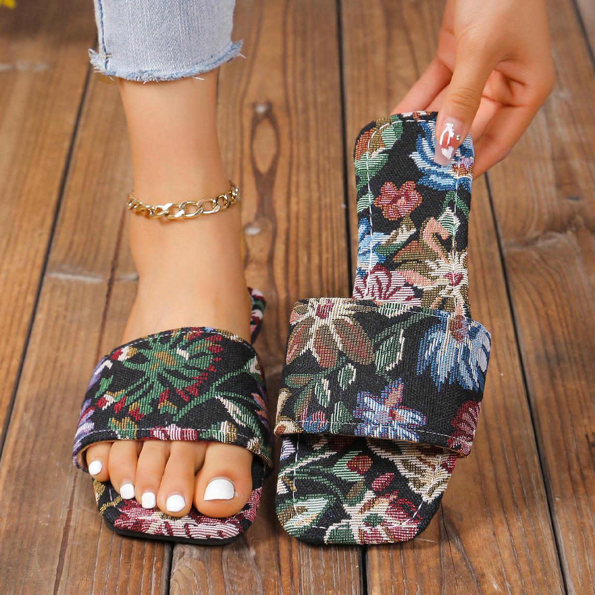 

Модные тапочки с цветочным принтом, женские, на мягкой подошве, летние сандалии для отдыха на открытом воздухе, большого размера 43 чёрный