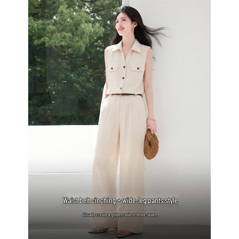 Women's Linen Blend Sleeveless Shirt & Wide-Leg Pants Set