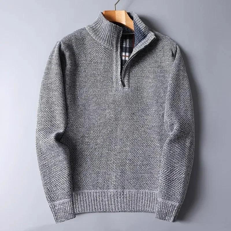 Autumn Winter Fleece Lined Heathered Texture Men's Half Turtleneck Half Zip Sweater Thickened Casual Pullovers