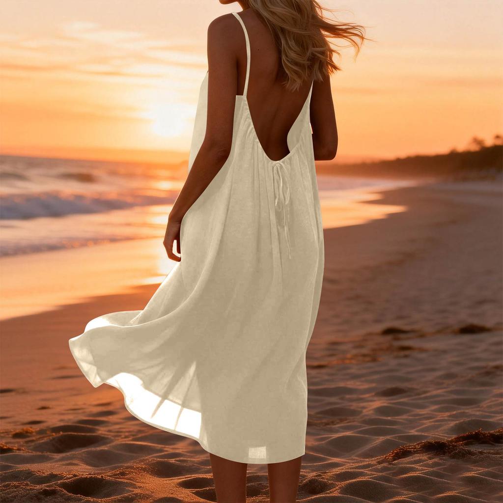 Women's Backless Strapless Dresses, Backless Loungewear Dress, Sleeveless, House Dress, Long Dress With Back Bow