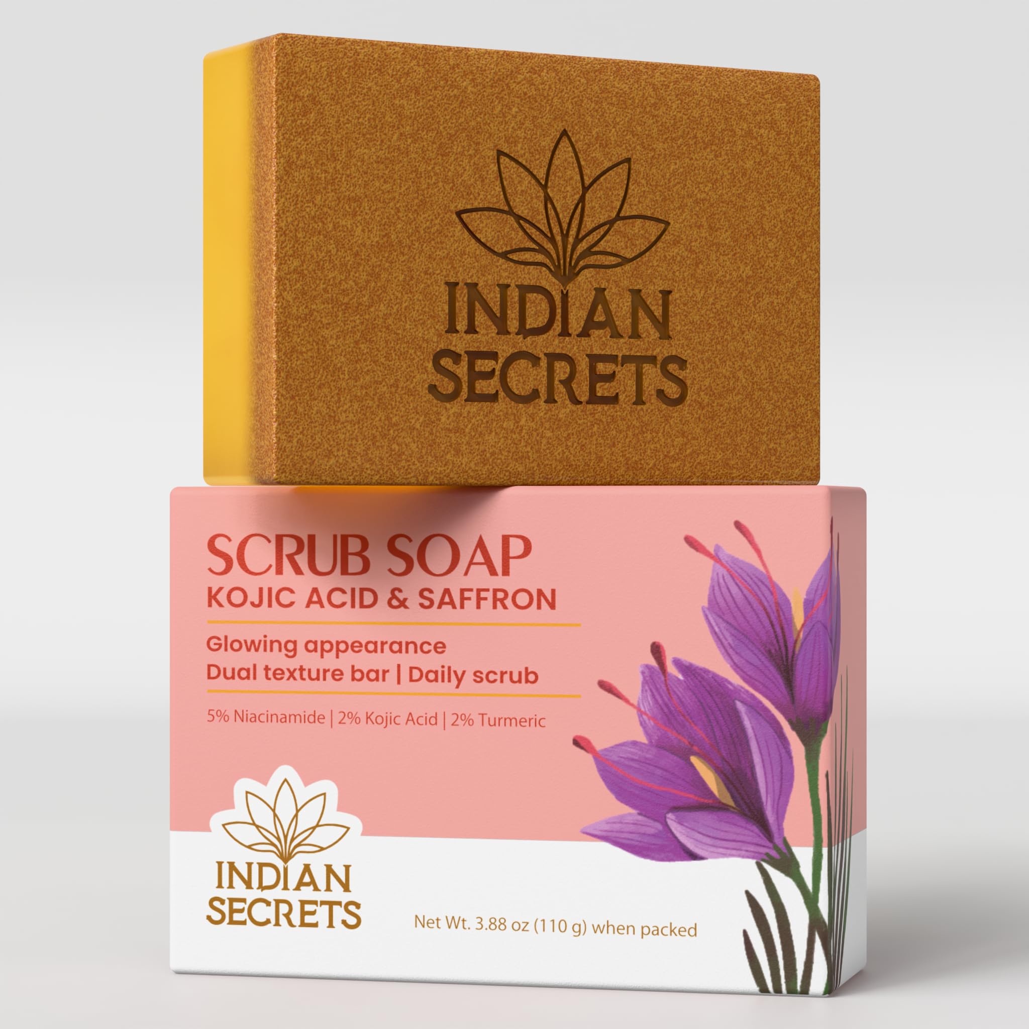 

INDIAN SECRETS Kojic Acid & Saffron Detan Scrub Soap | Skin Brightening & Tan Removal Bathing Soap for Men & Women | Kojic Soap - Dark Spots, Pigme