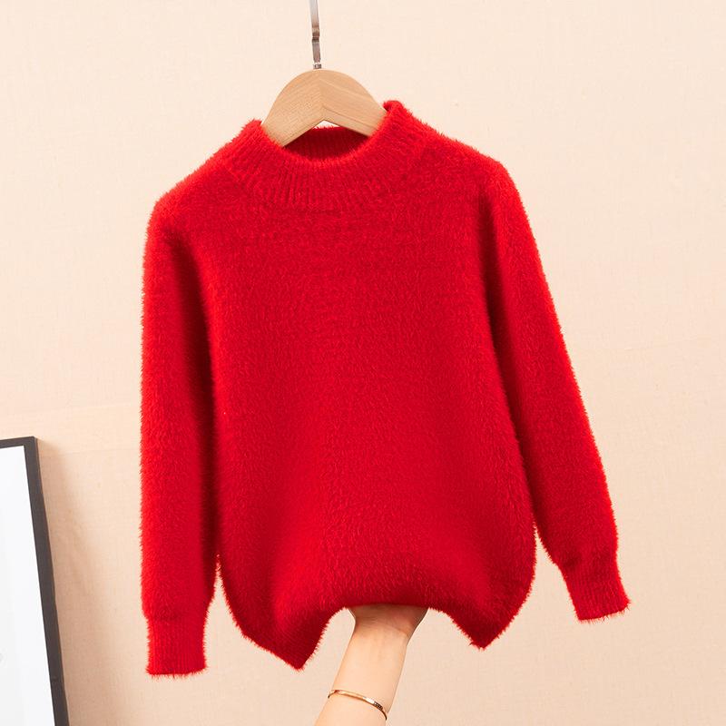 

Детская норковая шуба, зимний повседневный вязаный топ для девочек с круглым вырезом и меховым свитером 160 красный