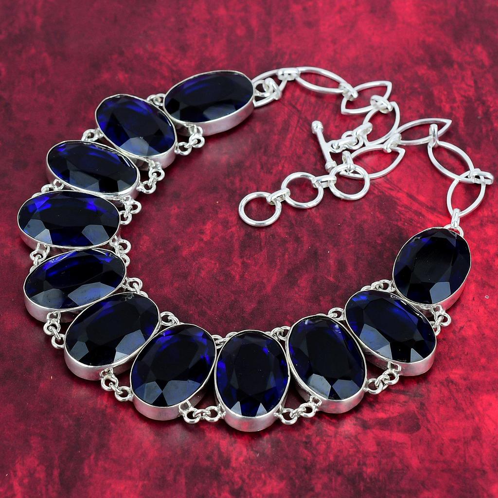Faceted Blue Sapphire Necklace, Gemstone Handmade Jewelry, 925 Solid Sterling Silver Necklace Jewelry Gift For Weeding