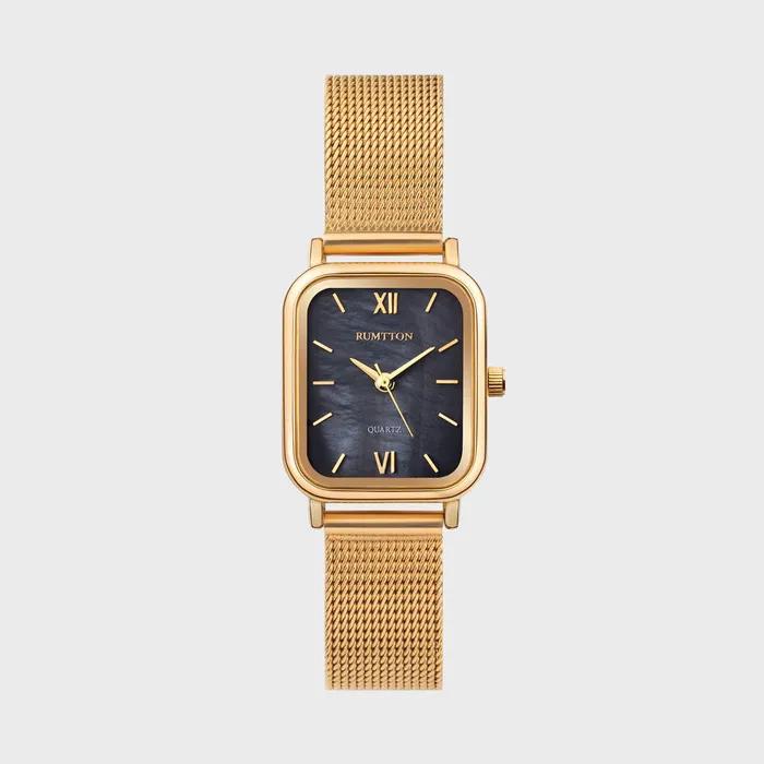 Black Mother-of-Pearl Watch Women's Mesh Watch Rumton Harbor Black Gold
