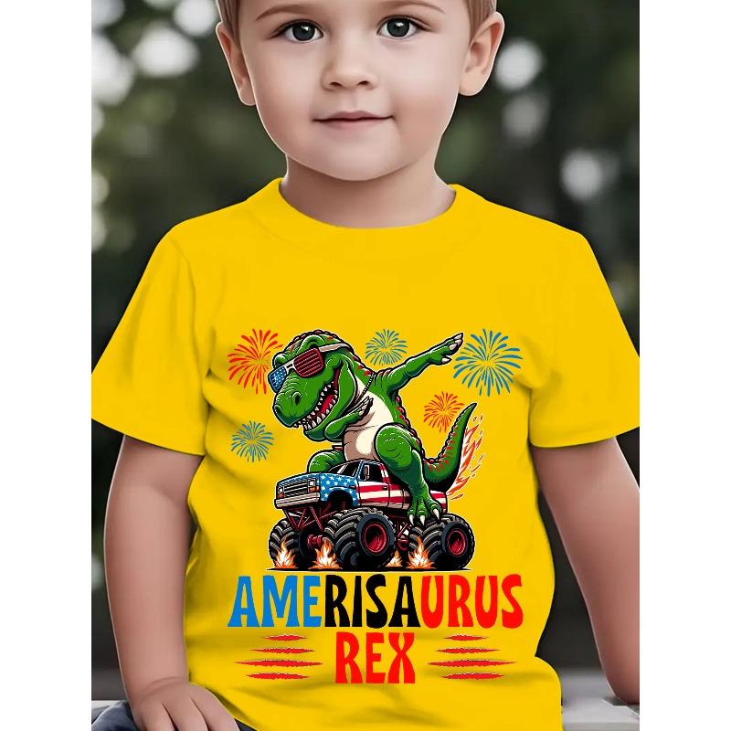 European Sizes American Independence Day Summer Boys' Fashion Short Sleeve T-Shirt, American Flag, Fireworks Elements Cool Dinosaur