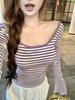 Women's Slim-Fit Striped Backless U-Neck T-Shirt, 2026 Autumn Long-Sleeve Base Layer Design