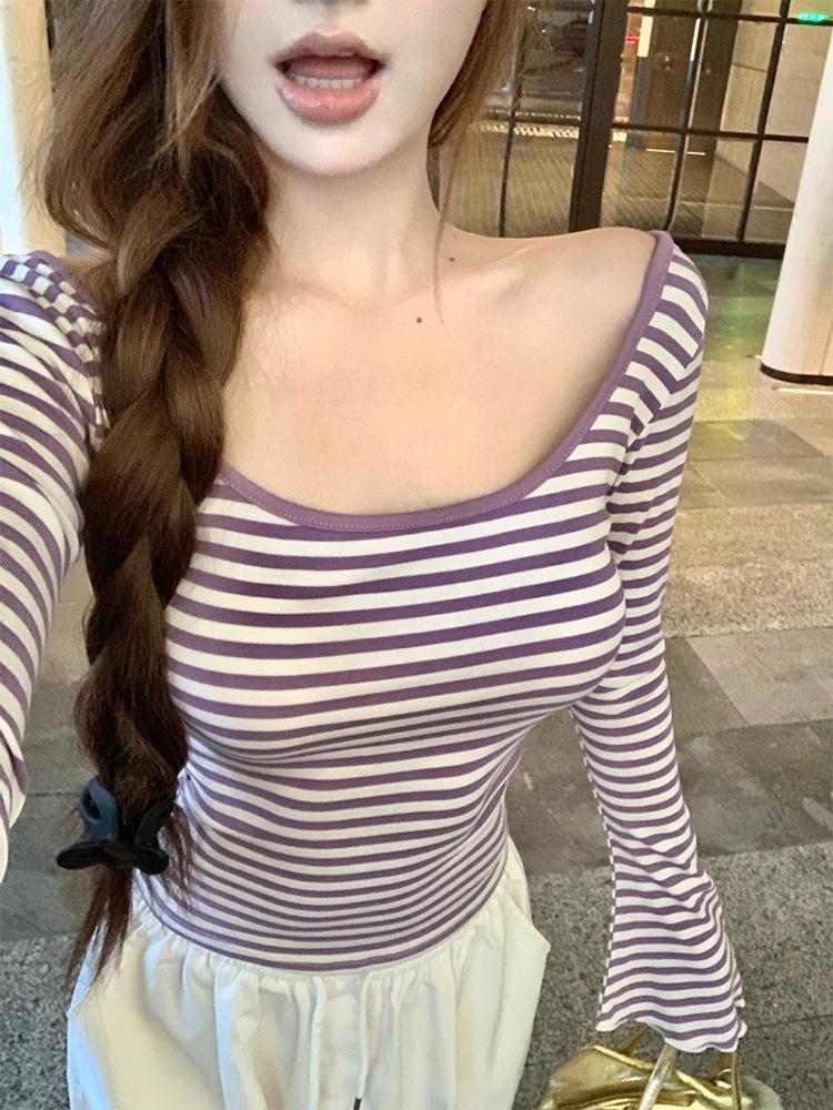 Women's Slim-Fit Striped Backless U-Neck T-Shirt, 2026 Autumn Long-Sleeve Base Layer Design