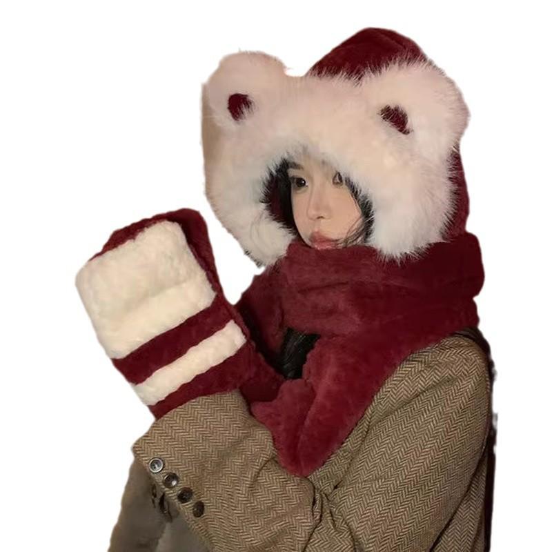 2024 Women's Red Angora Bear Hat with Thick Winter Scarf & Gloves