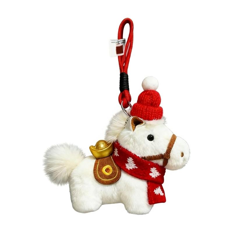 

Adorable Plush Horse Mascots Keychain Featuring Festive Knitted Cap Scarf and Lucky Gold Ingot for Holiday Car Ornament Decoration