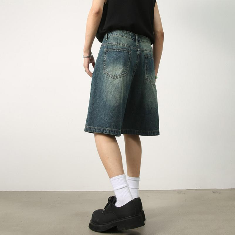 Summer Retro Distressed Blue Denim Pants Men's Loose Straight Five-point Pants All-match Hot Pants