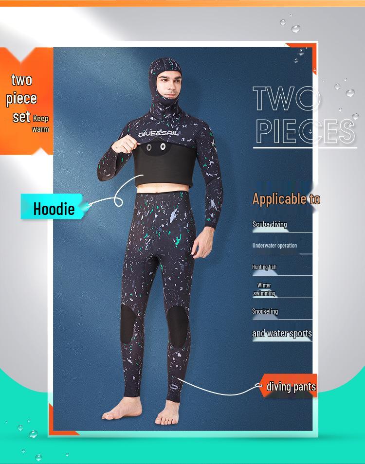 3MM Two-Piece Hooded Wetsuit Set: Long Sleeve Spearfishing, Scuba, Surfing, Snorkeling Suit