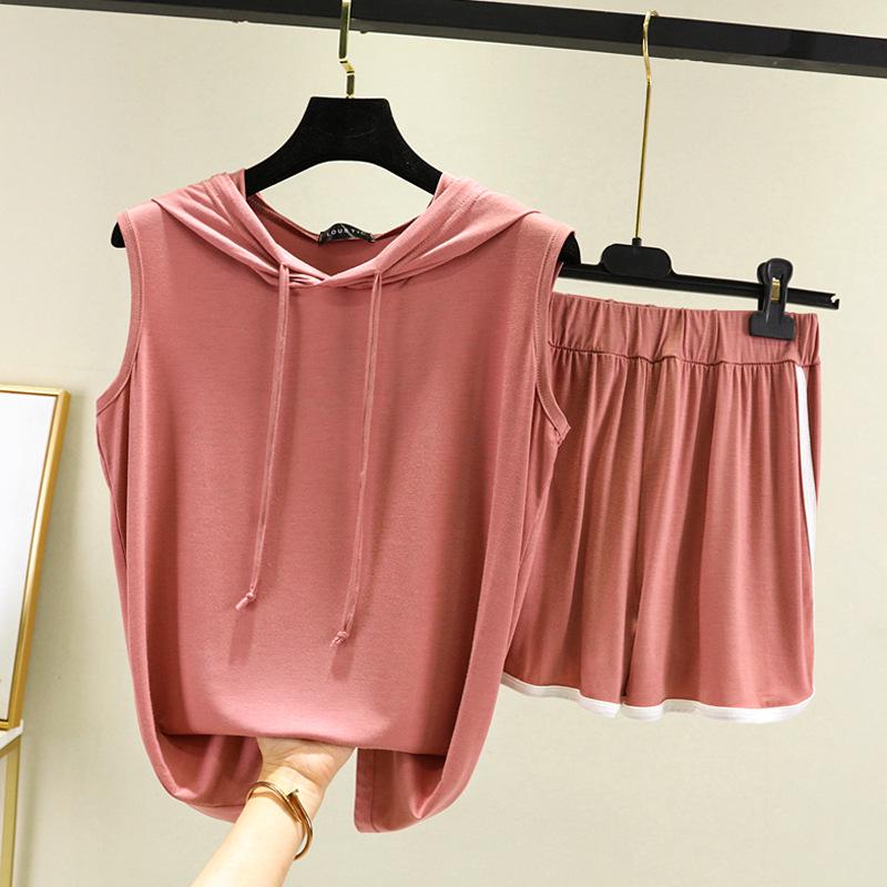 

Модный женский комплект без рукавов с капюшоном и шортами XL