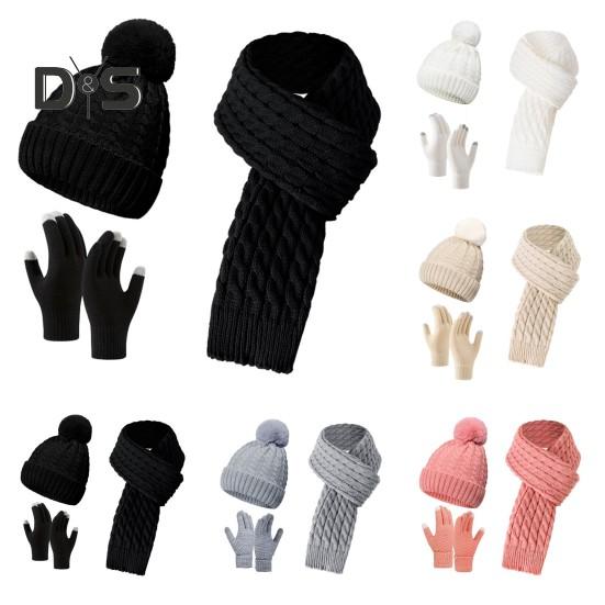 3 Pcs/Set Unisex Winter Hat Scarf Gloves Set Thick Knitted Ear Protection Cap Gloves Stretchy Plush-lined Windproof Winter Dome Beanie Neck Wrap Set