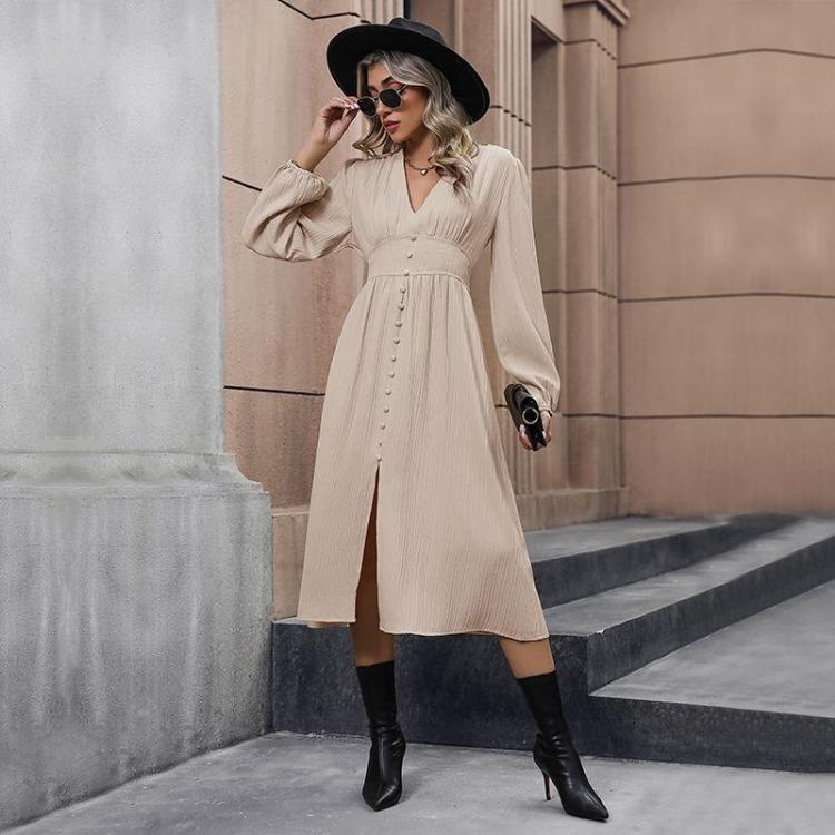 Elegant A-Line Chiffon Dress for Women Knee Length High Waist V-Neck Long Sleeve Solid Color Autumn Winter Fashion