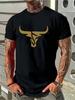 Men's Heavyweight Bull Head Graphic T-Shirt - Black & Golden Bull Print Short Sleeve Round Neck Casual & Formal Shirt