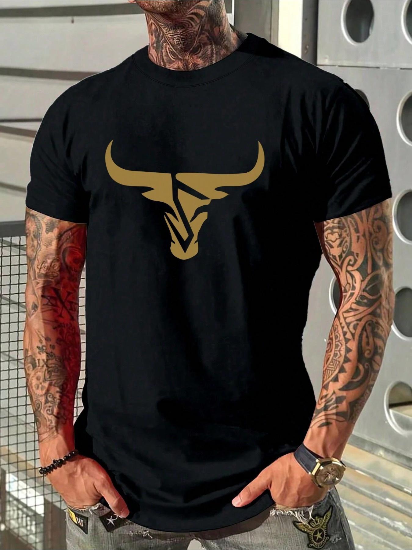 Men s Heavyweight Bull Head Graphic T-Shirt - Black & Golden Bull Print Short Sleeve Round Neck Casual & Formal Shirt M