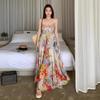 Holiday Style Beautiful Art Color Floral Suspender Dress Summer High Waist Backless Pendulum Seaside Photo Dress