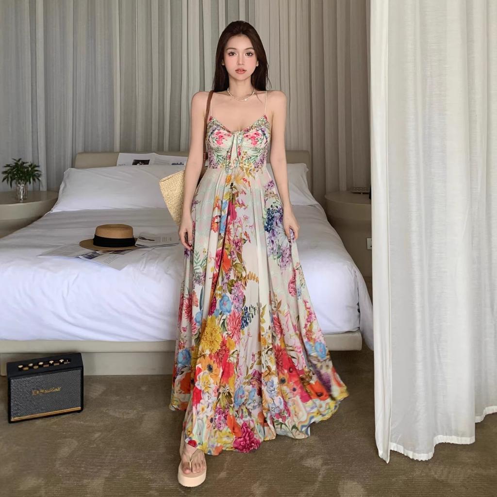 Holiday Style Beautiful Art Color Floral Suspender Dress Summer High Waist Backless Pendulum Seaside Photo Dress