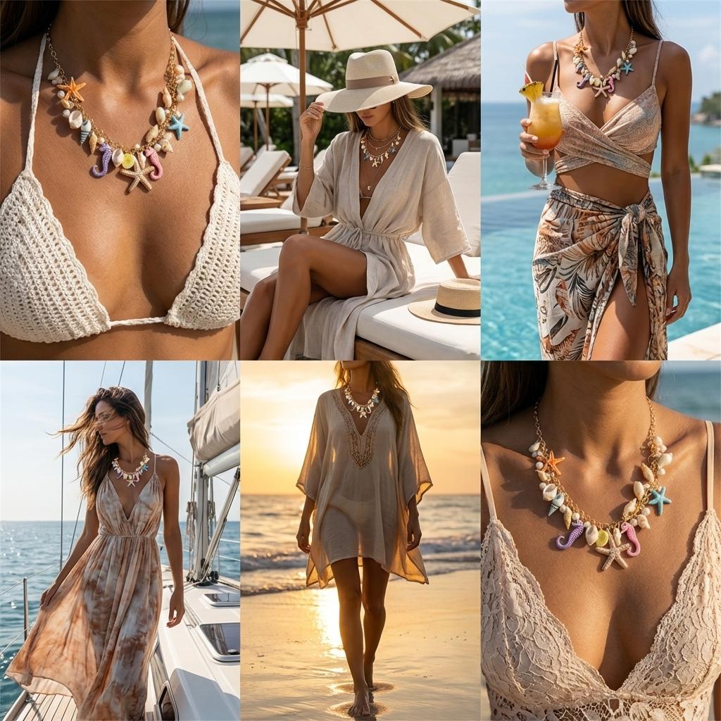 Boho Exaggerated Starfish Conch Pendant Necklace for Women Seahorse Shell Imitation Pearl Metal Chain Choker Beach Party Jewelry