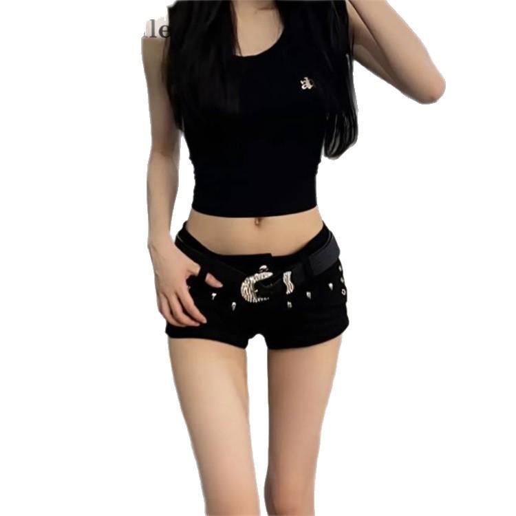 Women's Low-Waist Black Denim Rivet Shorts - 2026 Summer A-Line Trend
