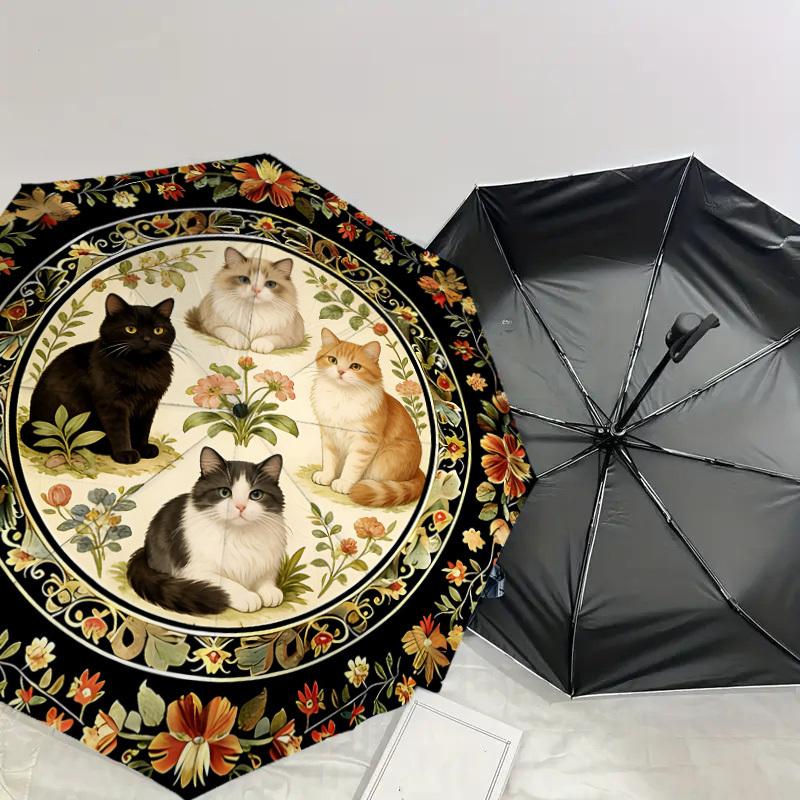 1PC Floral Pattern Cats Umbrella-8-Rib Reinforced, Automatic Open, Lightweight & Durable, Cute Fashion Accessory for Outdoor-K1257