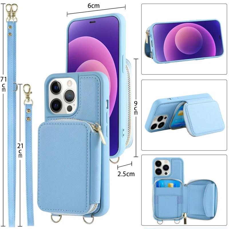 Crossbody Long Strap Leather Phone Case For iPhone 15 Pro Max 14 Plus 13 12 11 Pro Zipper Wallet Card Bag Cover with Lanyard