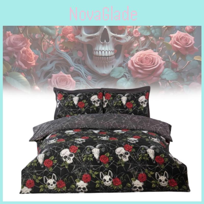 Halloween Totenkopf und Rose Wendbare Bettbezug-Set Mit Cartoon-Muster Für Schlafzimmer-Dekoration