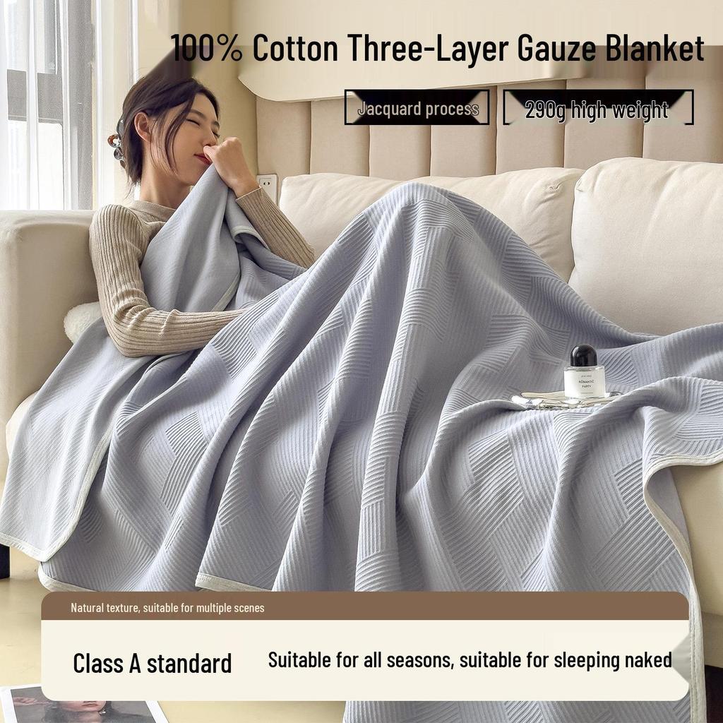 Class A Pure Cotton Three-Layer Gauze Blanket: Summer Cool, All-Season Jacquard Nap & Air Conditioning Quilt