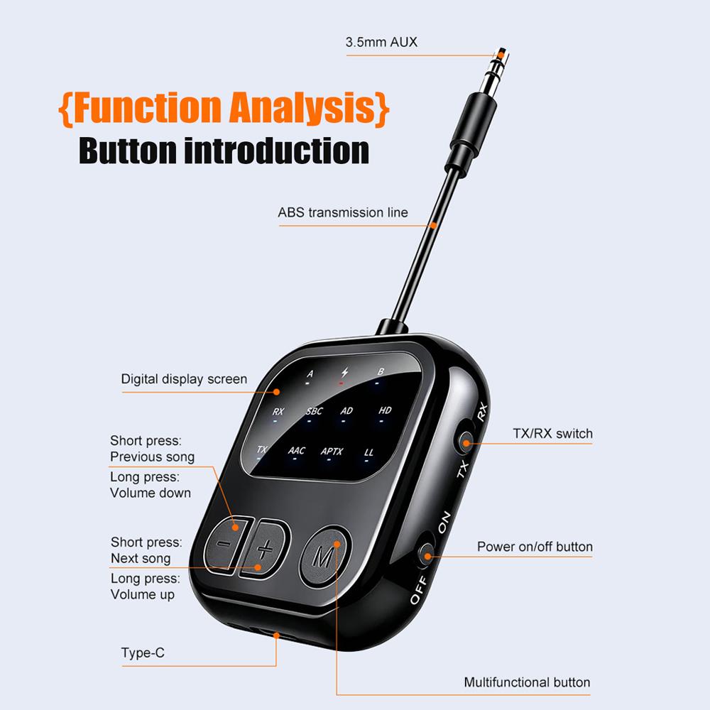 3.5mm AUX LCD Car Bluetooth 6.0 Audio Receiver & Transmitter Adapter 2 in 1,aptX-Adaptive/HD/LL AAC Low Latency HIFI Wireless Audio Adapter for PC TV