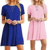Fashion Womens Loose Simple Solid Color Print O Neck Short Sleeve Leaves Print Loose Streetwear A-line Dress