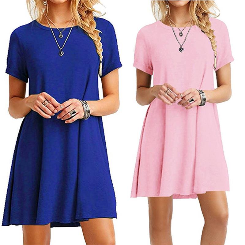 Fashion Womens Loose Simple Solid Color Print O Neck Short Sleeve Leaves Print Loose Streetwear A-line Dress