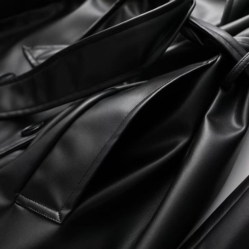 Automne/Hiver 2024 Manteau Trench Mi-Long en Cuir pour Femme avec Revers et Ceinture