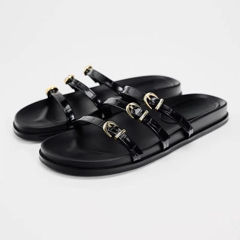 

2025 New Summer Women Belt Buckle Flat Flat Casual Outdoor Sandals Beach Thick Bottom Leather Slippers Metal Buckle Slippers 40 чёрный