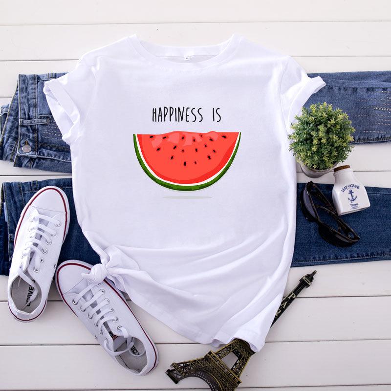 Happiness Is Watermelon Printed Short Sleeved Women S T Shirt Casual Soft Female T Shirt Women