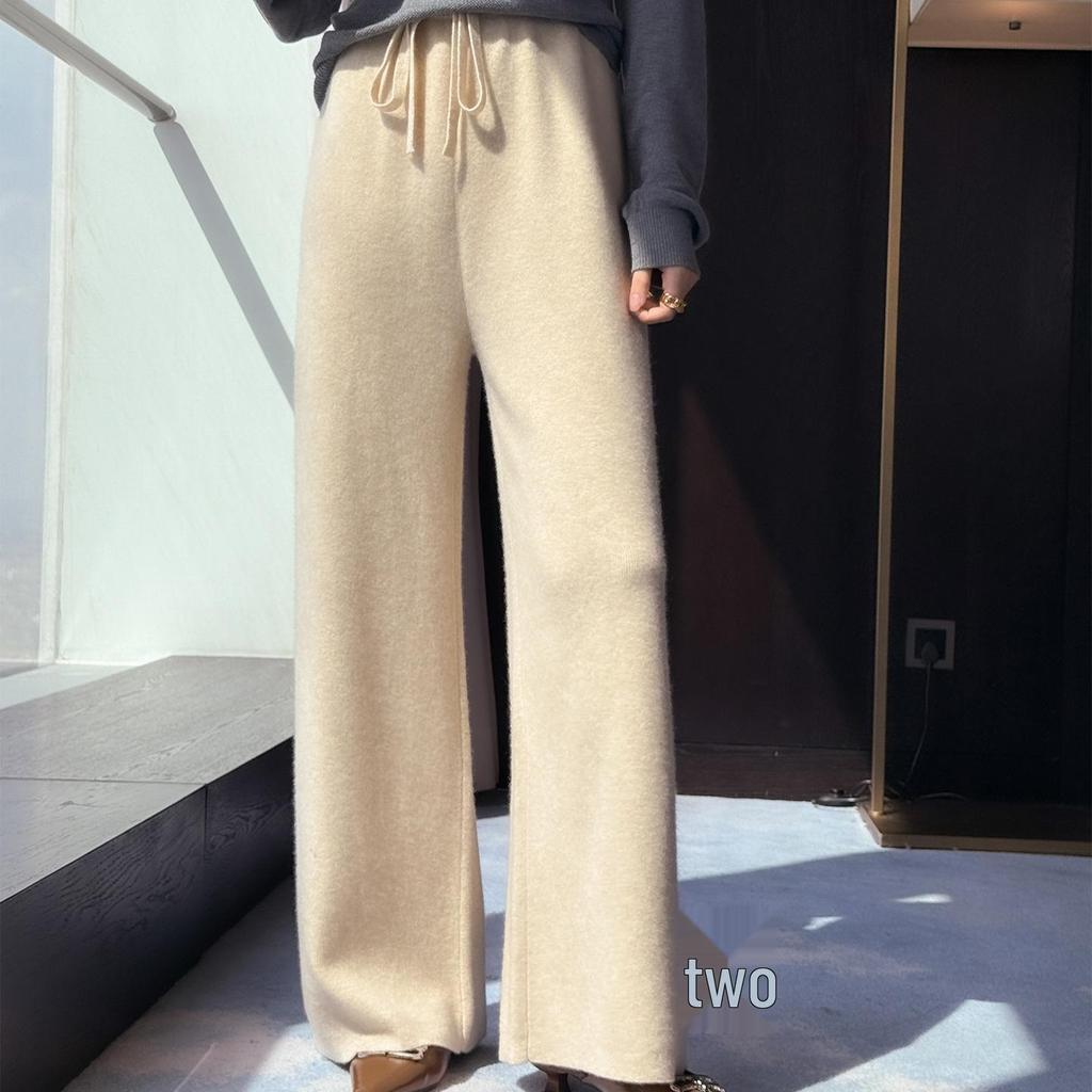 Women's Thickened Wool Knit High-Waisted Wide-Leg Floor-Length Pants for Autumn/Winter
