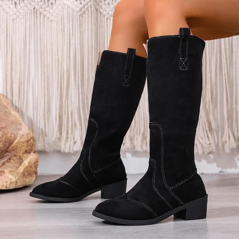 Fashion Chunky Women Knee High Boots Fashion Suede Walking Mid Heels Shoes 2025 Winter Designer Pumps Chelsea Boots Dress Femme Zapatos
