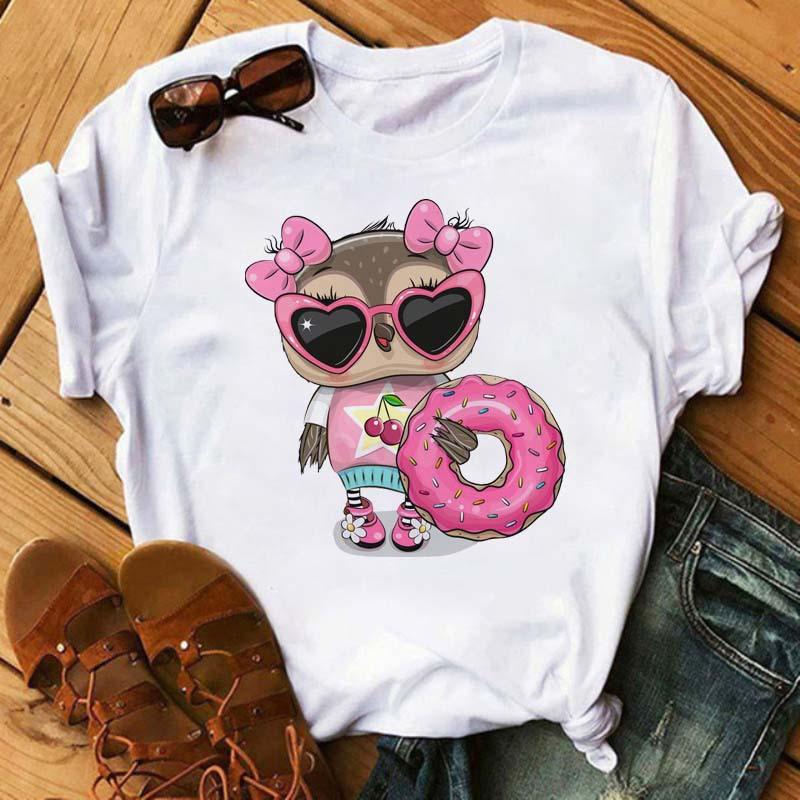 

Cute Cartoon Owl Graphic Women T-Shirt 90S Kawaii Summer Tees Children Loose Blouse O-Neck Female Crop Top Girl Shirts S білий