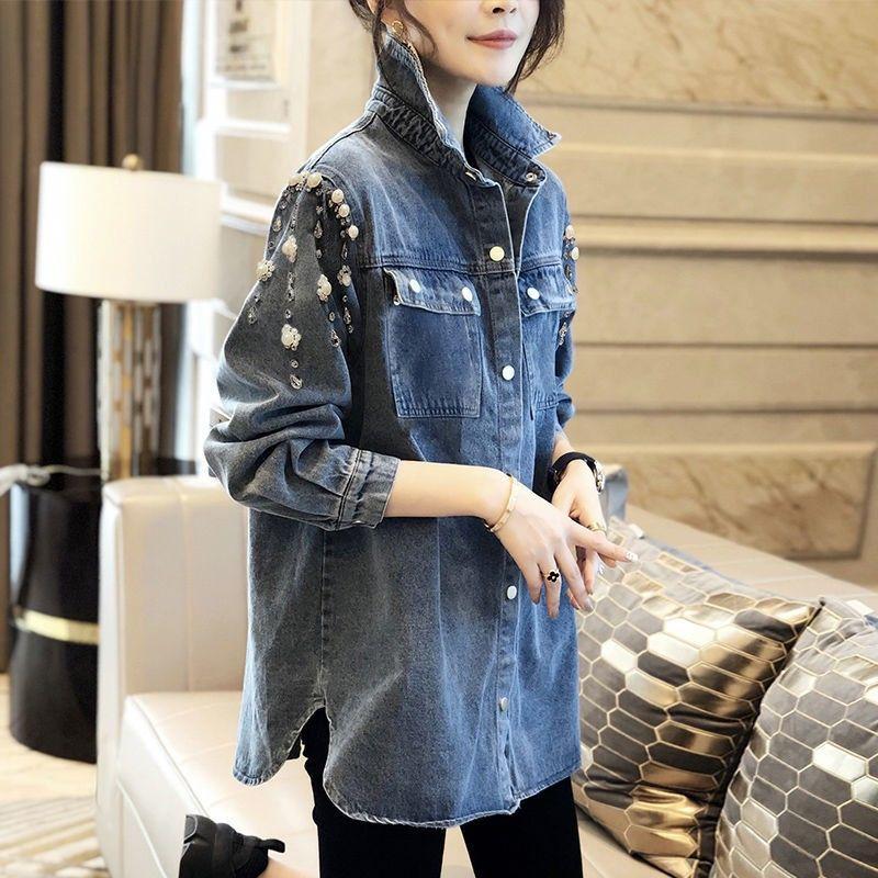Vintage Blue Denim Shirt Women Loose Fit Korean Style Casual Stand Collar Blouse Spring Autumn Fashion