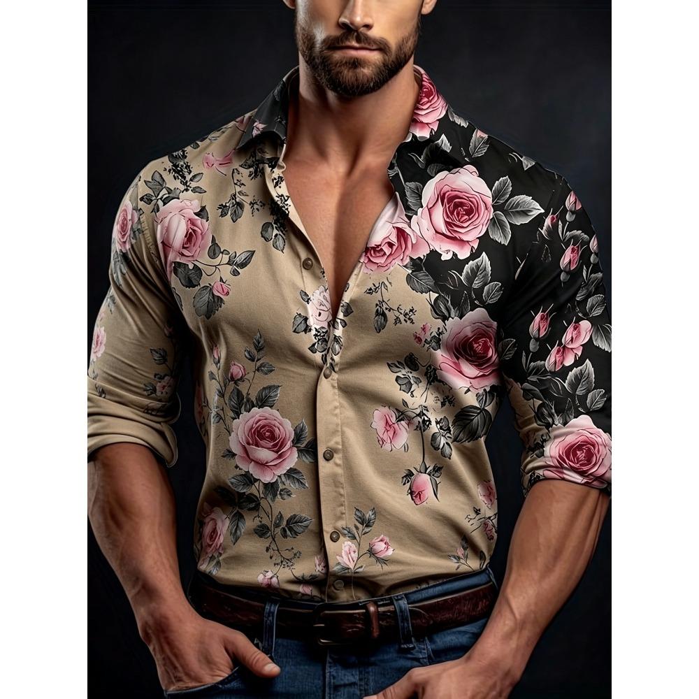 Men's Contrasting Rose Print Long Sleeved Shirt with Slim Fit Collar Shirt for Vacation Parties and Street Fashion Tops