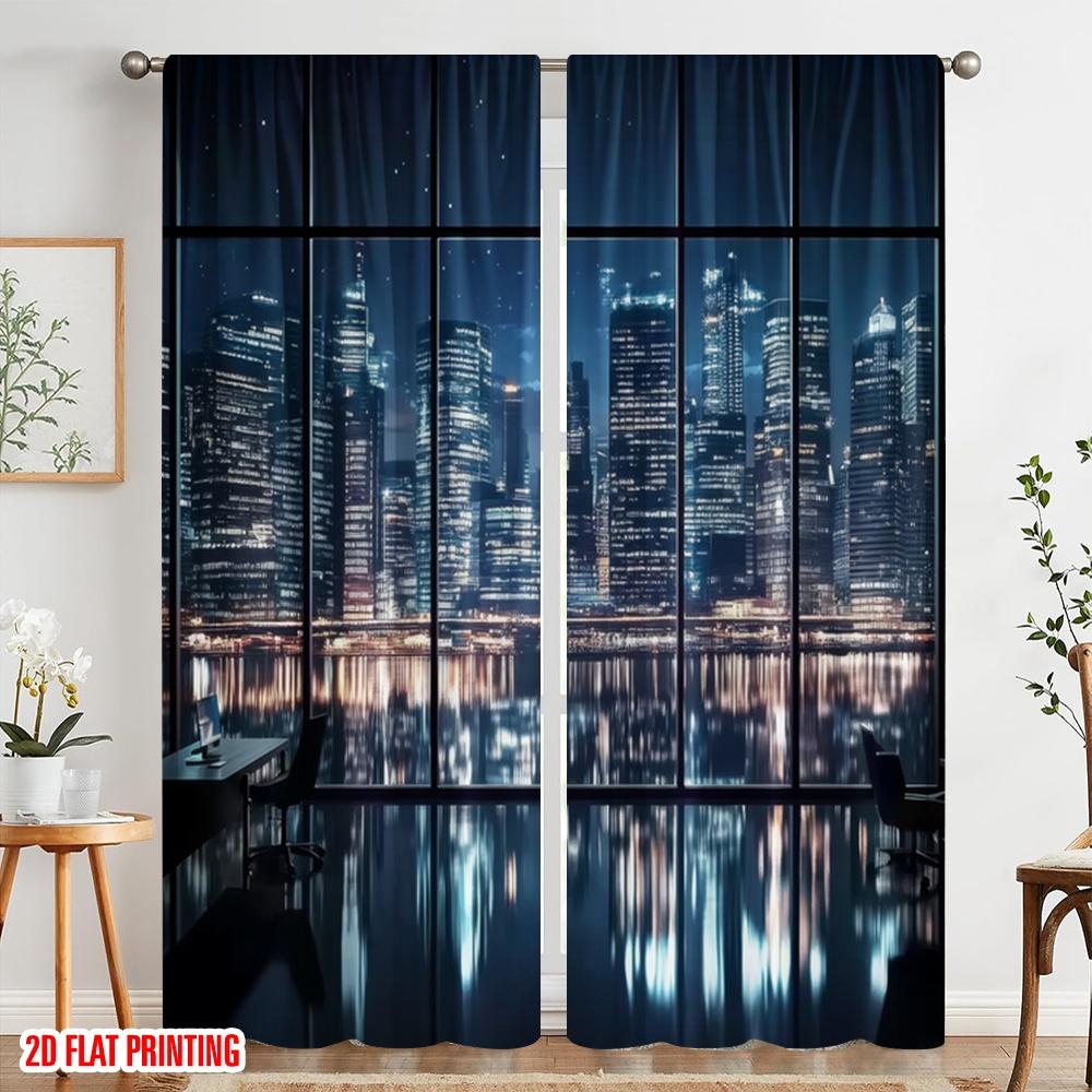2pcs,2D plane printing Curtains Roller Blinds Cityscape Reflection Versatile Polyester (without rod) Festive Use for Bedroom,