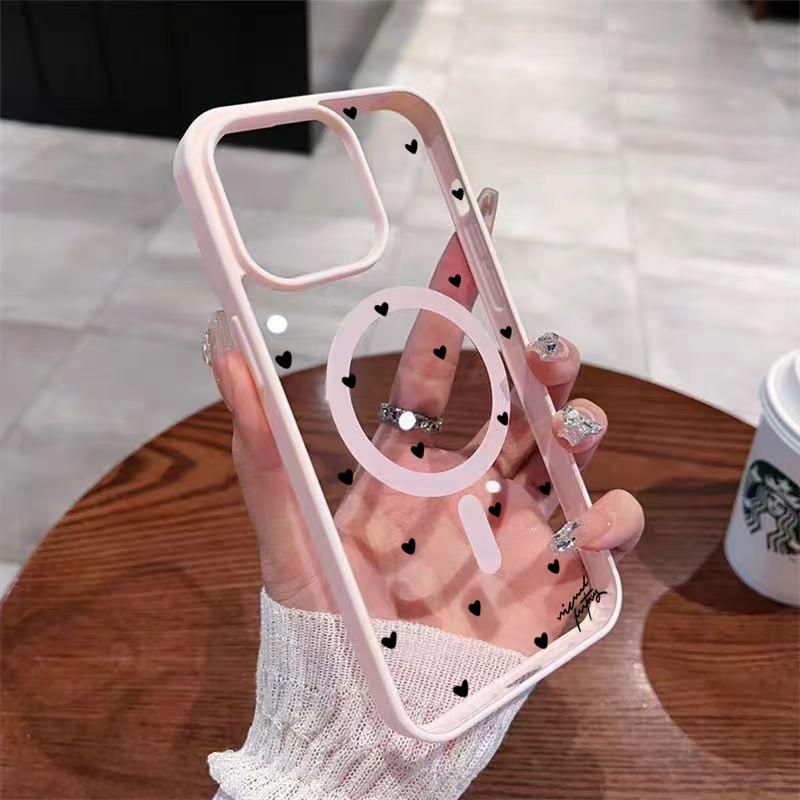 For Wireless Charging Magnetic Phone Case for iPhone 17 13 12 14 15 16 Pro Max 11 16E 16 Plus 17 Air With Black Love Heart Cover