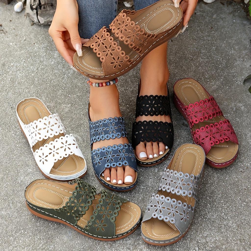 Ladies' Floral Hollow Slip In Sandals - Summer Breathable Open Design Mid Heel Casual Shoes with Soft PU Sole,  Cross Strap Sandals