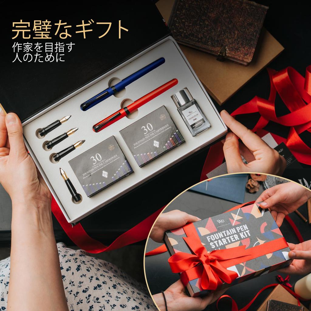 Wordsworth and Black Fountain Pen Set Blue Includes 2 18ml Ink 60 Ink Ink Refill 1 Medium 4 Broad and a Brush Pen Fountain Pen Set - - Pens, Bottle,