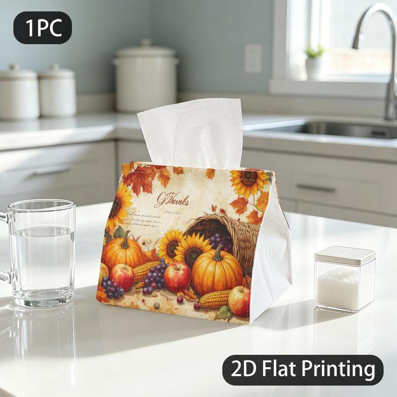 1pc Tissue Box, Watercolor Thanksgiving Harvest Warm Gratitude Pattern, 2D Flat Printing, Lightweight, Strong And Firm, Napkin Dispenser, for Your Wor