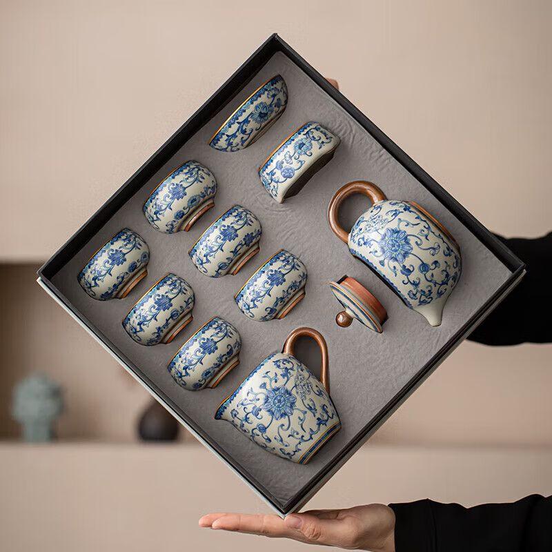 Ru Kiln Blue and White Gilded Ceramic Gongfu Tea Set