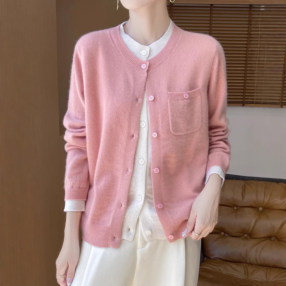 Women's 100% Wool Cardigan, Fake Two-Piece, Slimming Round Neck, Lazy Style Sweater Coat for Spring & Autumn