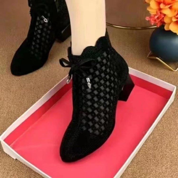 Spring and summer new women's shoes net boots thick heel cool boots rhinestone bow breathable zipper rhinestone fashion single sandals